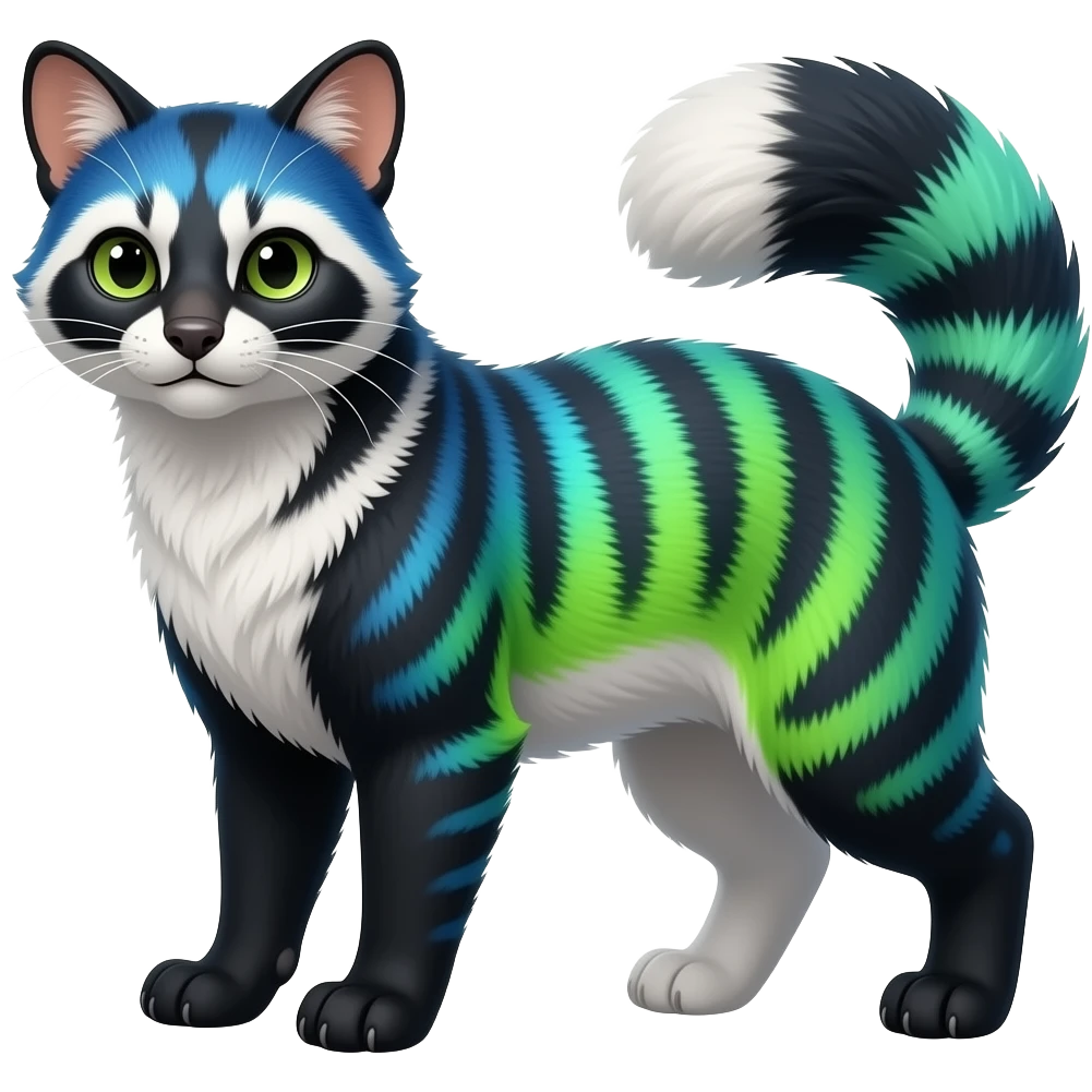 Colorful realistic tropical exotic gradient-colored cobalt-blue-obsidian-black-neon-green-gradients, with white underside, iridescent glorious fantasy-civet-genet-Fionbri-Cacomistle-Furret-civet-oncilla-animal-hybrid-fursona with pattern markings (full body) emoji