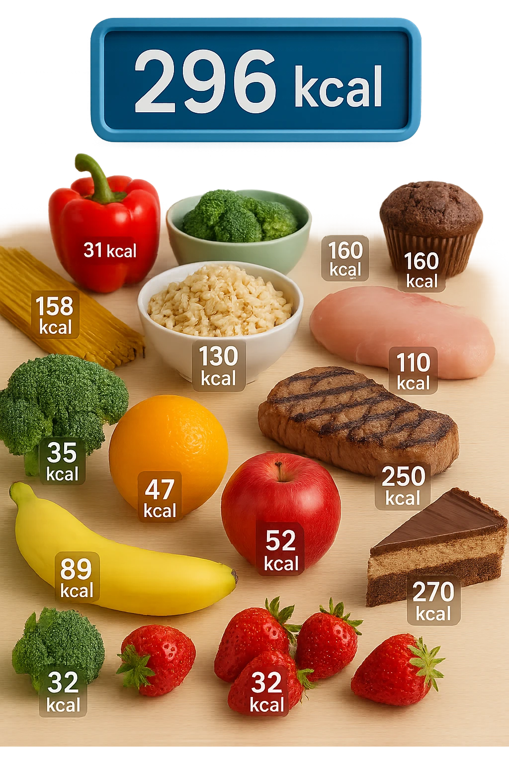 a digital calorie counter hovers above a variety of foods arranged on a table—fruits, vegetables, grains, meats, and desserts. Each food has a floating label showing its calorie content. The background is clean and modern, emphasizing the educational aspect of calorie awareness. scritto in italiano emoji