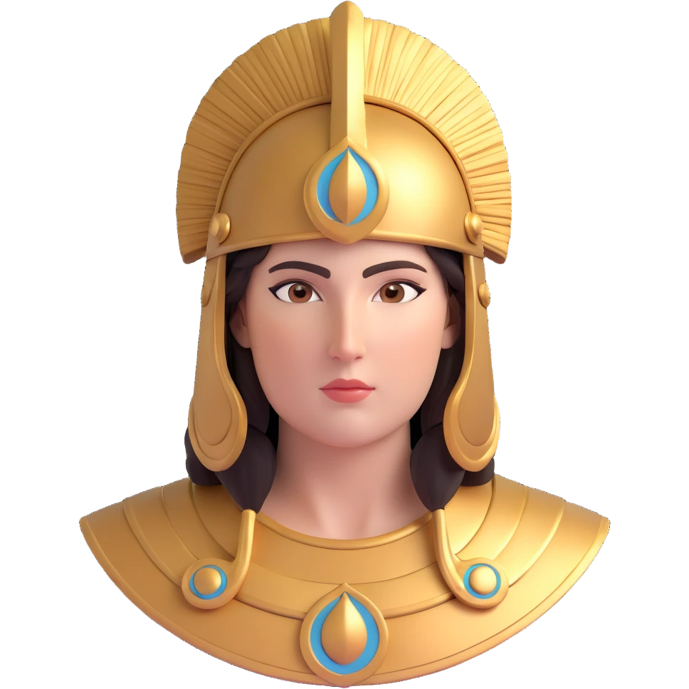 realistic 3D close-up of Athena's face, goddess, helmet with plume, serene and powerful expression emoji