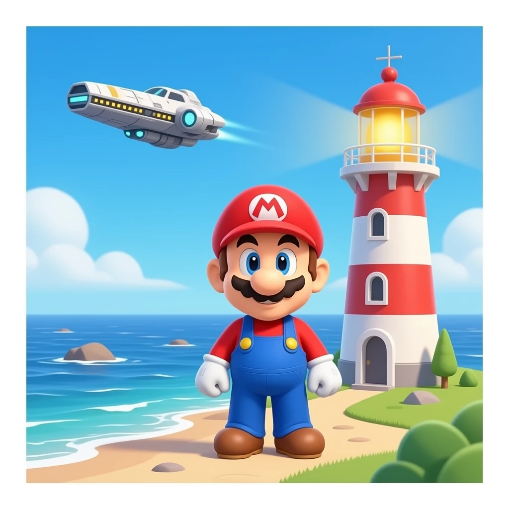 super mario bro close to a lighthouse 3d close to the ocean with star wars emoji