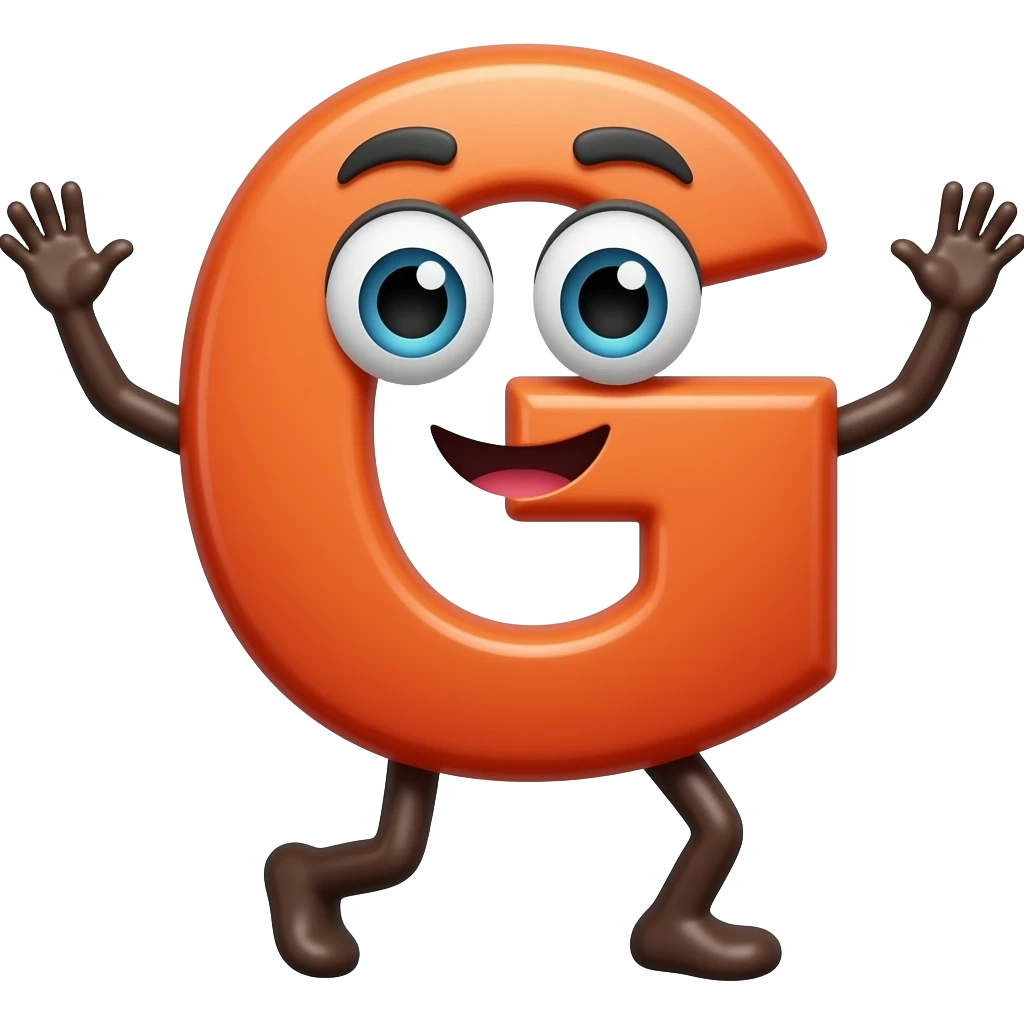 letter "G" with arms, eyes and a mouth, dancing emoji