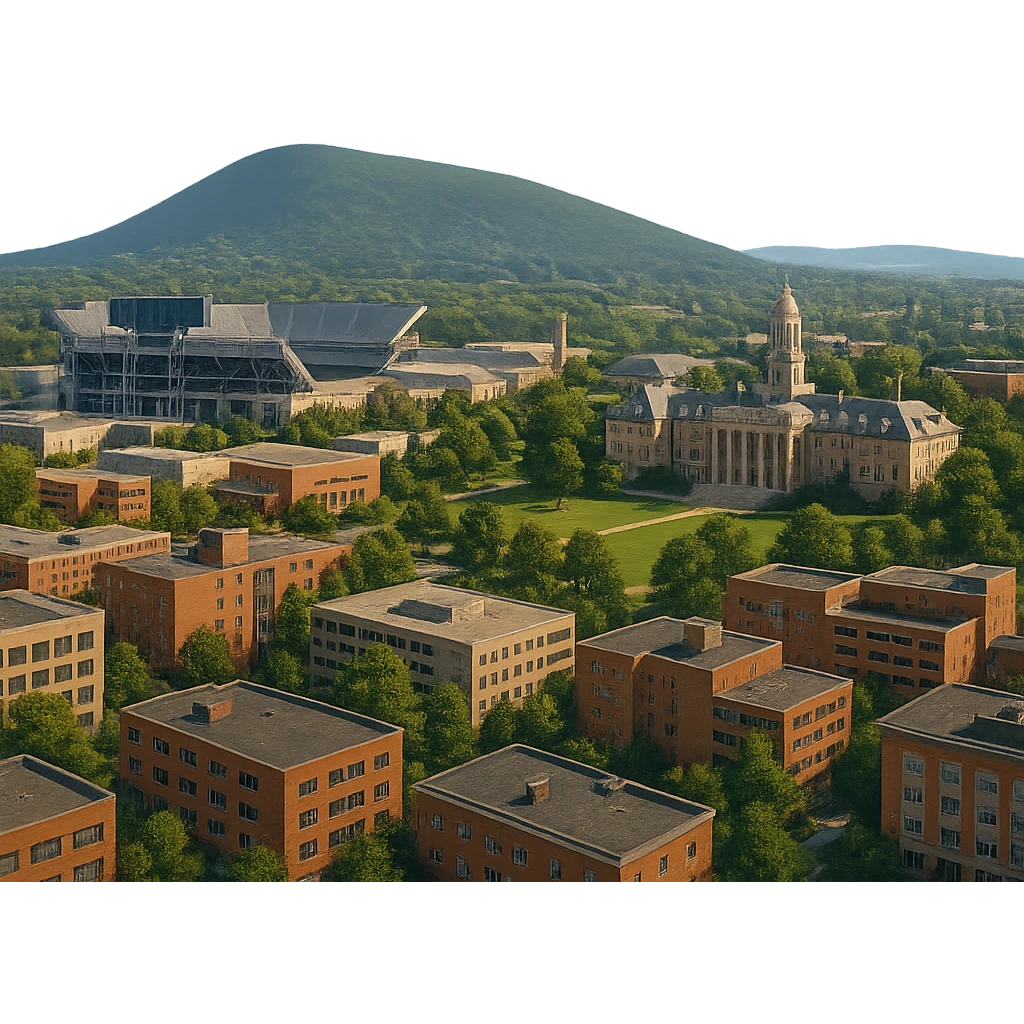 cinematic realistic emoji of State College Pennsylvania wide city view with iconic landmarks Penn State University campus Beaver Stadium Old Main Mount Nittany in background lifelike detail accurate colors bright daytime lighting no sky no clouds no city name label emoji
