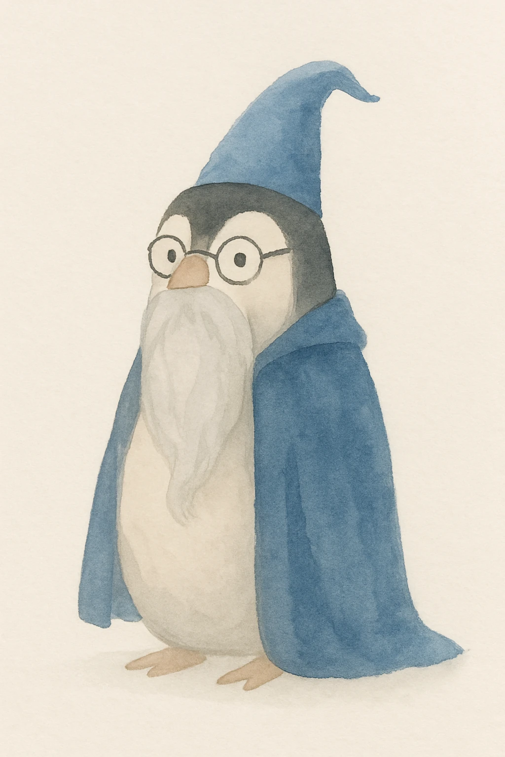 a wise penguin wizard with glasses, a long beard, and a blue cloak, soft storybook illustration style emoji