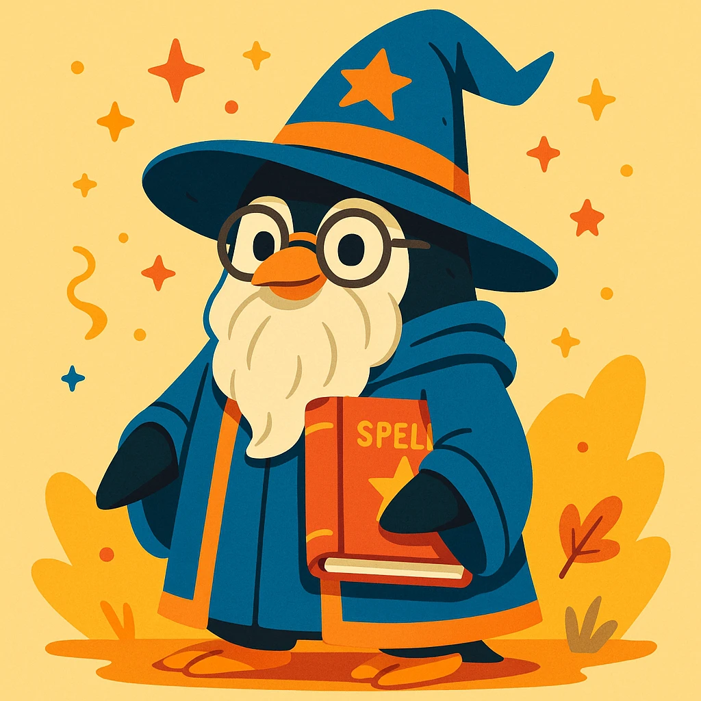 a wise penguin wizard with glasses, a long beard, and a book of spells, in a whimsical illustration style emoji