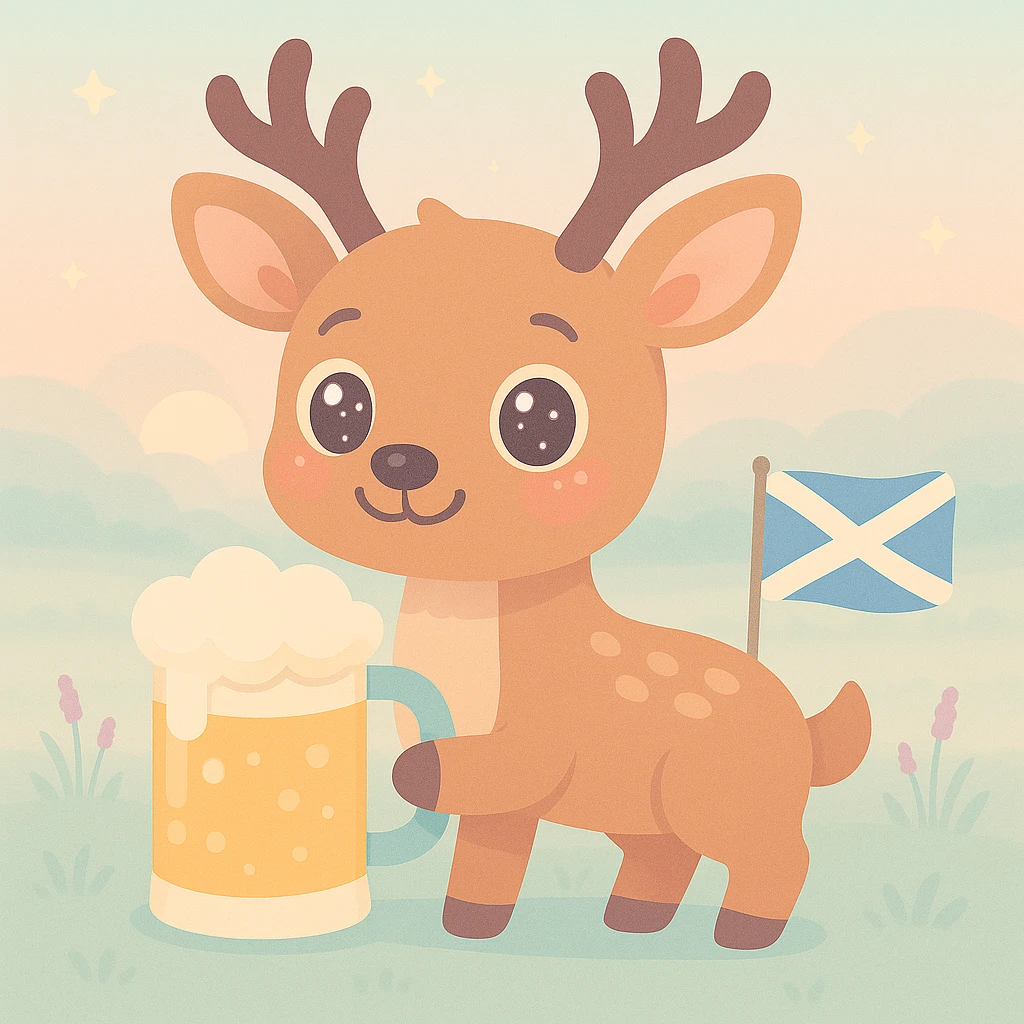 Add a Scottish flag to the scene with the cute anime-style stag deer holding a massive beer mug in a Scottish meadow at sunrise with mist. Keep the style and mood consistent in kawaii style. emoji