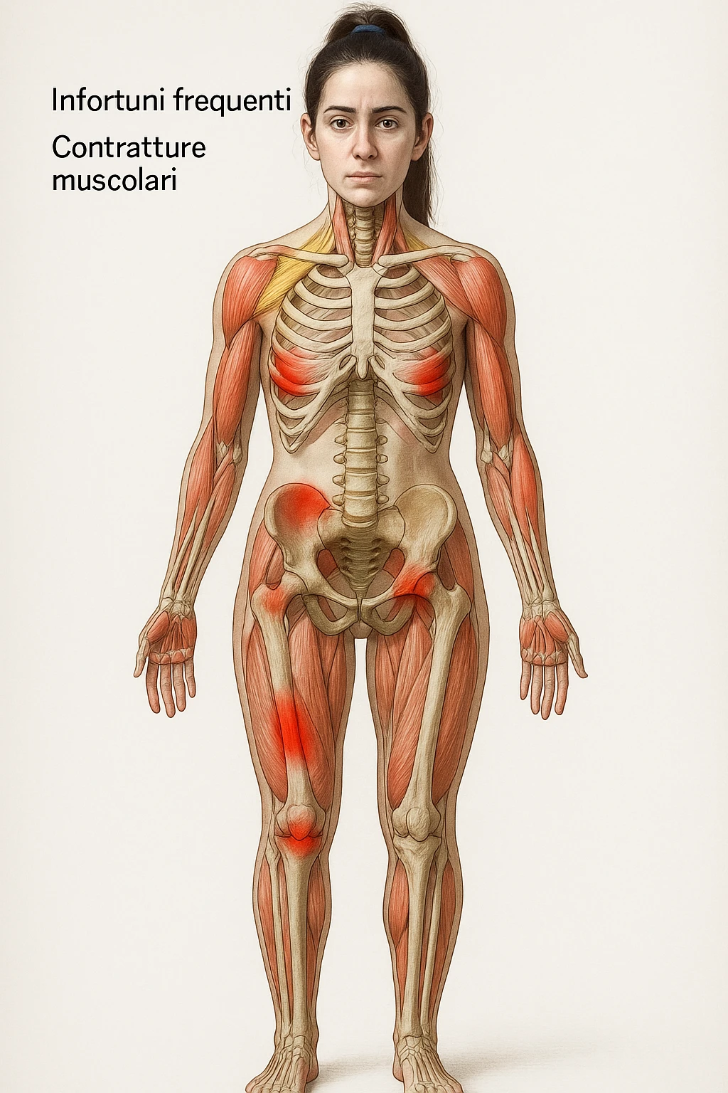 donna con infortuni e contratture frequenti in 3D immagine medica in italiano  emoji