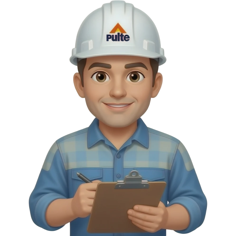 dirty Blue collar worker with clip board and Pulte on his hard hat emoji