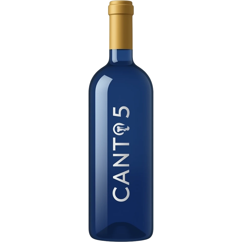 Emoji de una botella de vino de color azul entera que tenga la palabra CANTO5 a lo largo de manera horizontal en letras blancas emoji