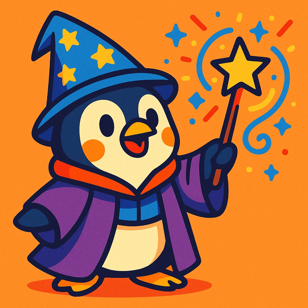 a cute penguin wizard casting a spell, wearing a robe and holding a wand, in a colorful cartoon style, vibrant toon style emoji