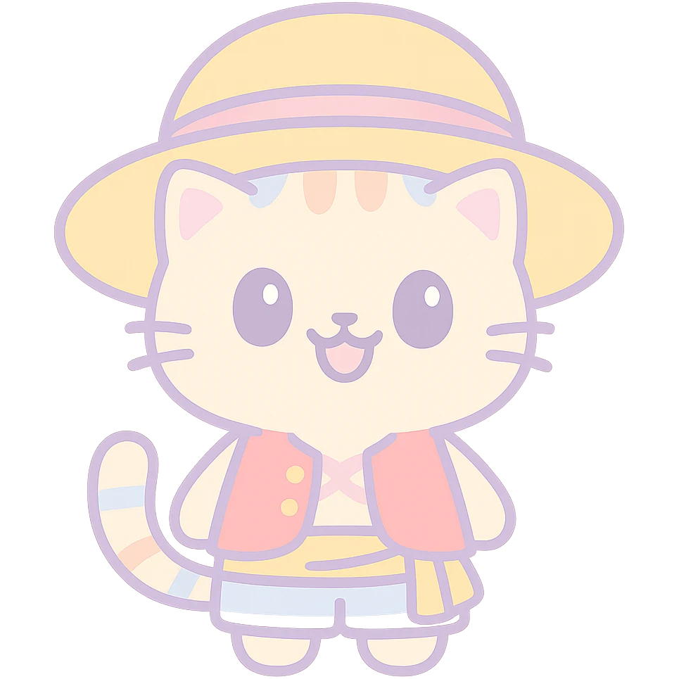 cute cat cosplaying Luffy, big straw hat, red vest, yellow sash, anime style, no background emoji