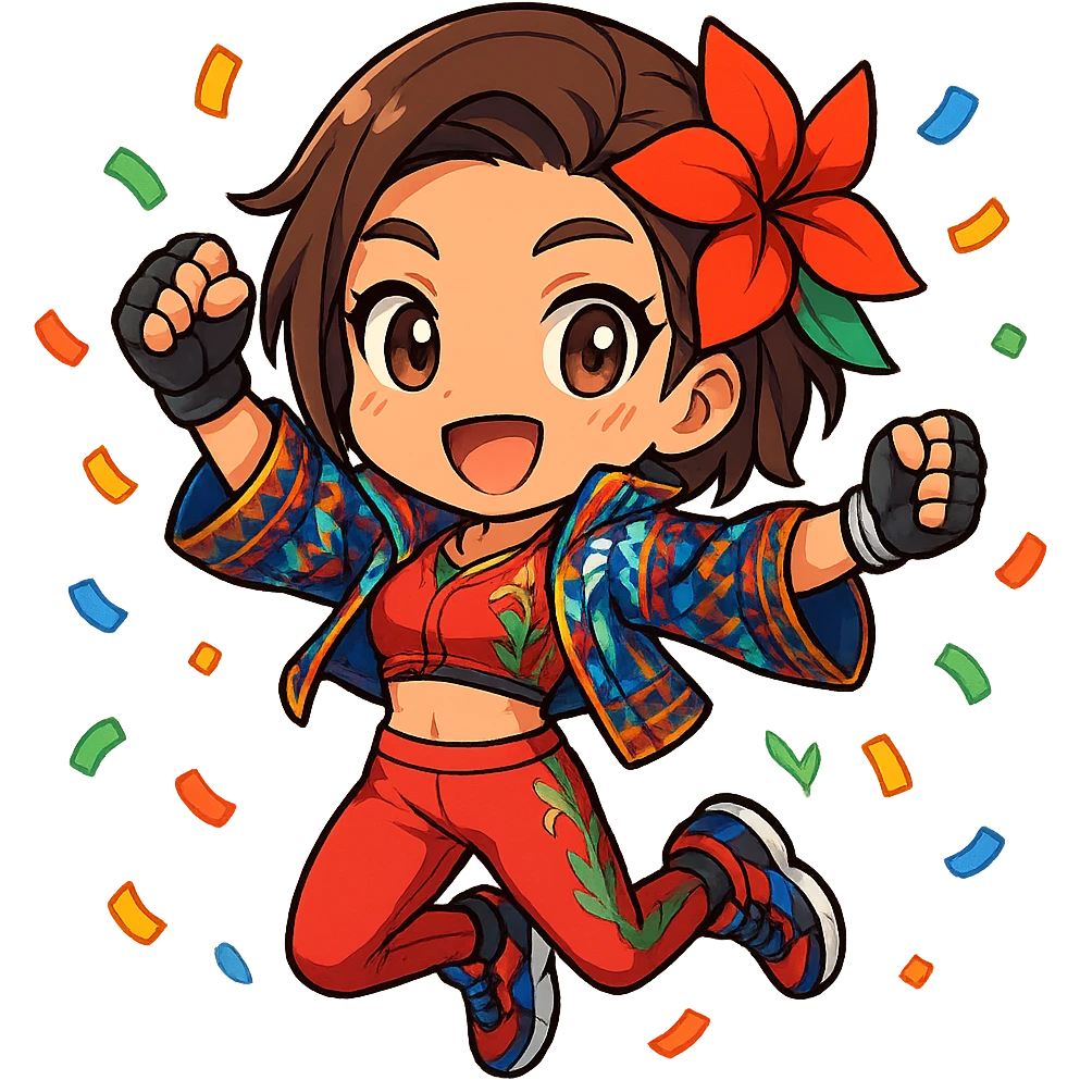 Azucena from Tekken 8 in chibi sticker style, jumping with confetti, wearing the detailed red and patterned outfit from the reference images, designed for Twitch emote use. emoji