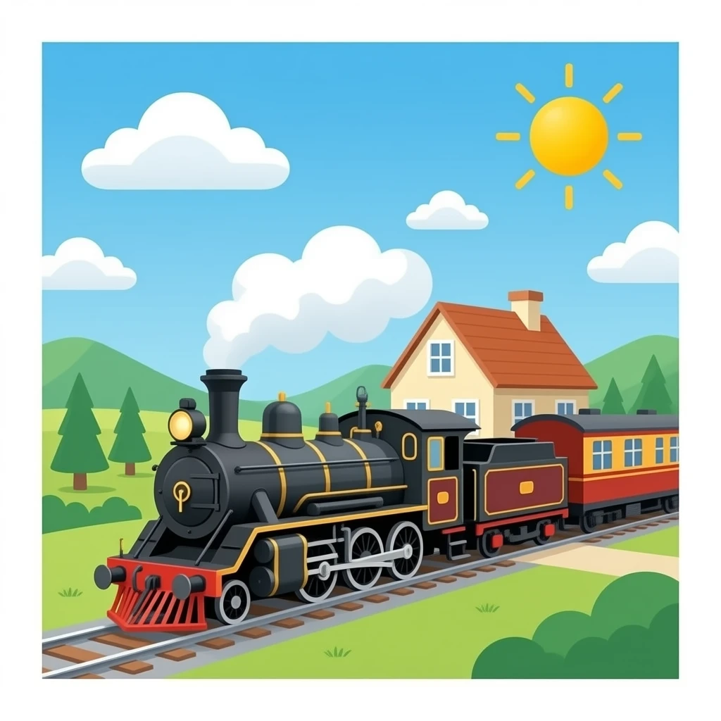 10000 steam locomotives on a outside of a house ablue sky clouds and a sun emoji