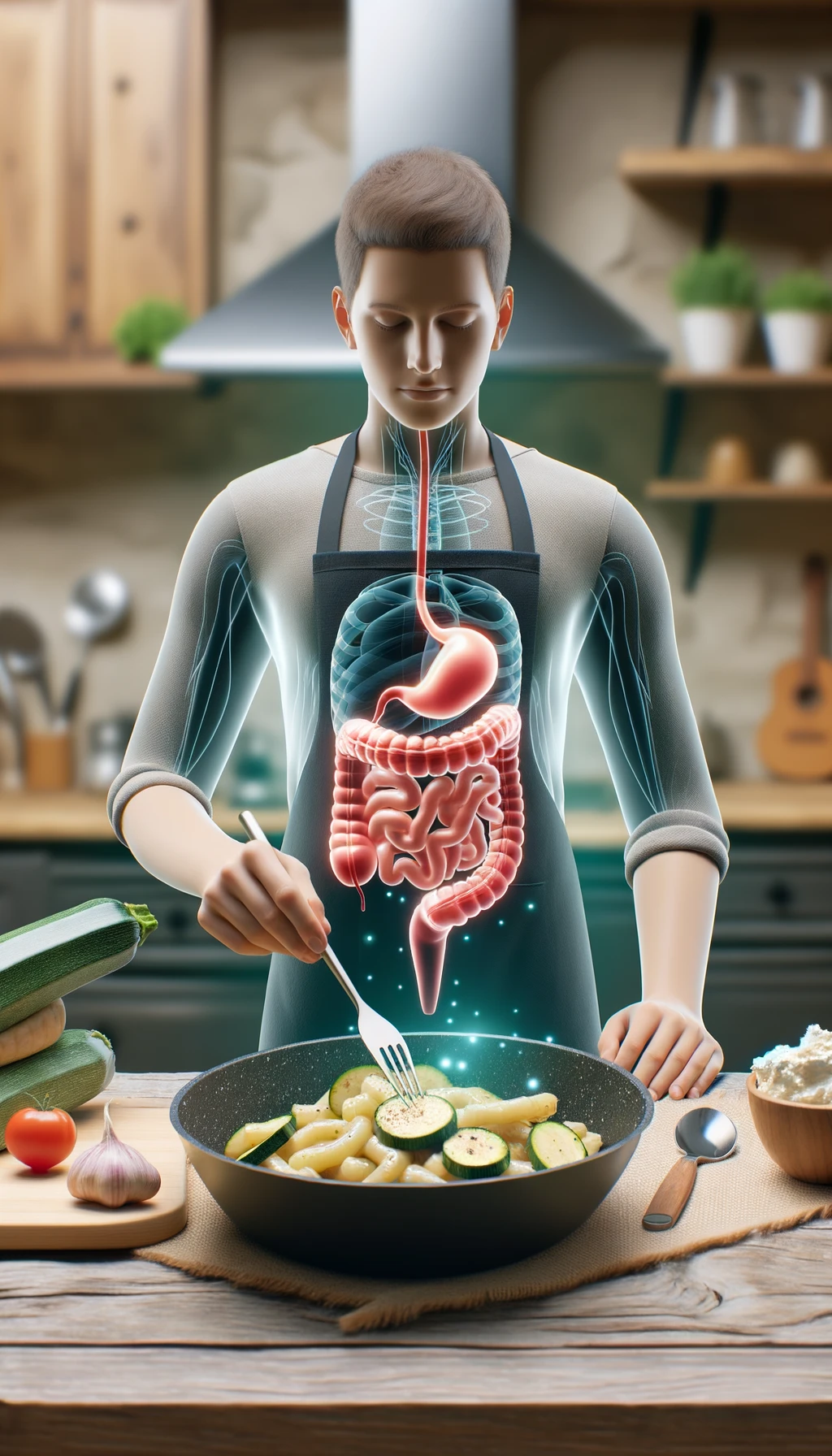 corpo umano con capelli corti con grembiule nero che cucina una ricetta con zucchine, gnocchi e ricotta, intestino realistico in evidenza, cucina sfocata sullo sfondo emoji