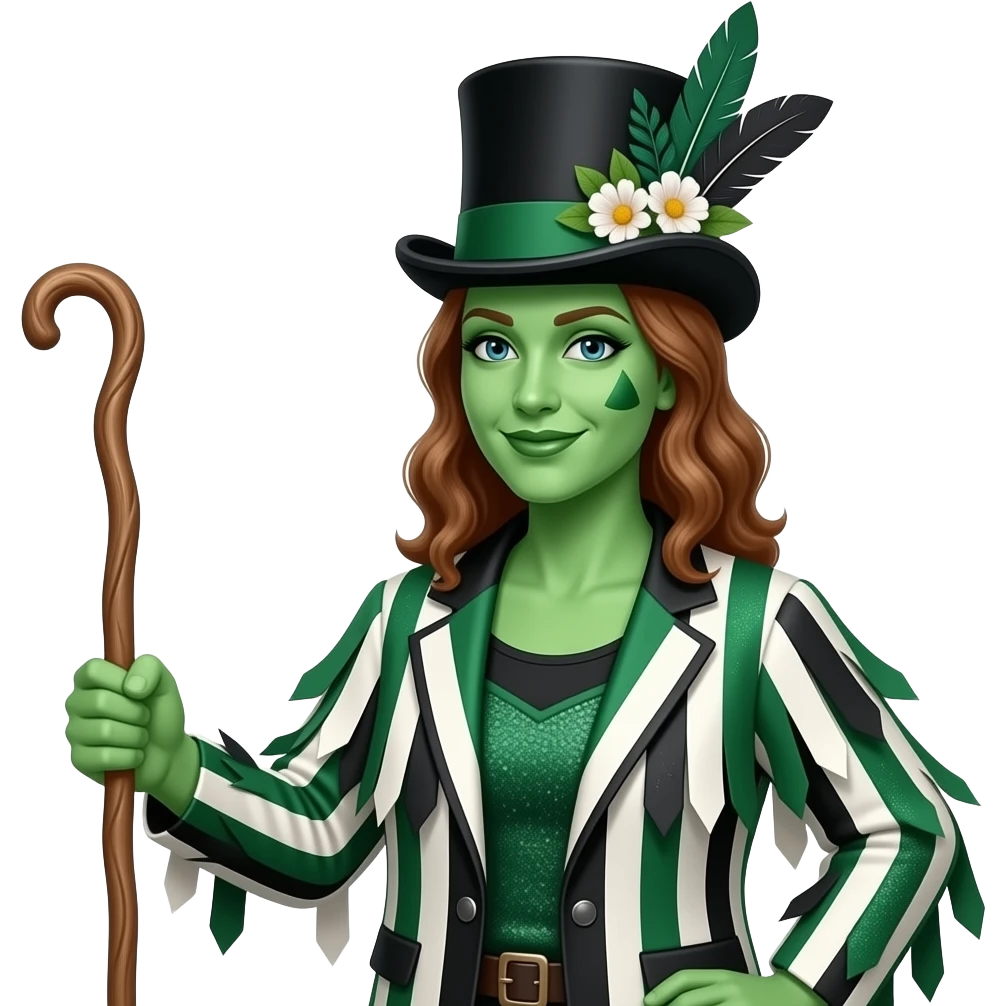 Female Morris dancers carrying a stick with a ragged jacket in black white and green stripes with the occasional piece of sparkly fabric. A top hat decorated with feathers and flowers and green face paint.. emoji