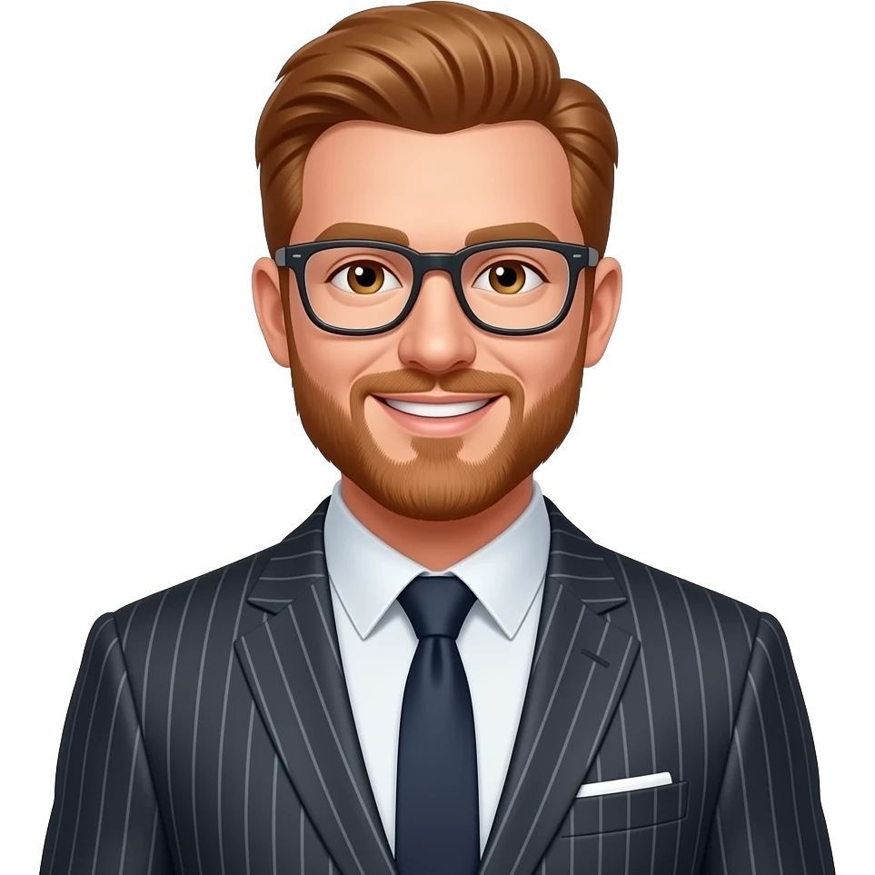 white man with short ginger hair. brown eyes. beard. glasses. smiling. wearing a suit. emoji