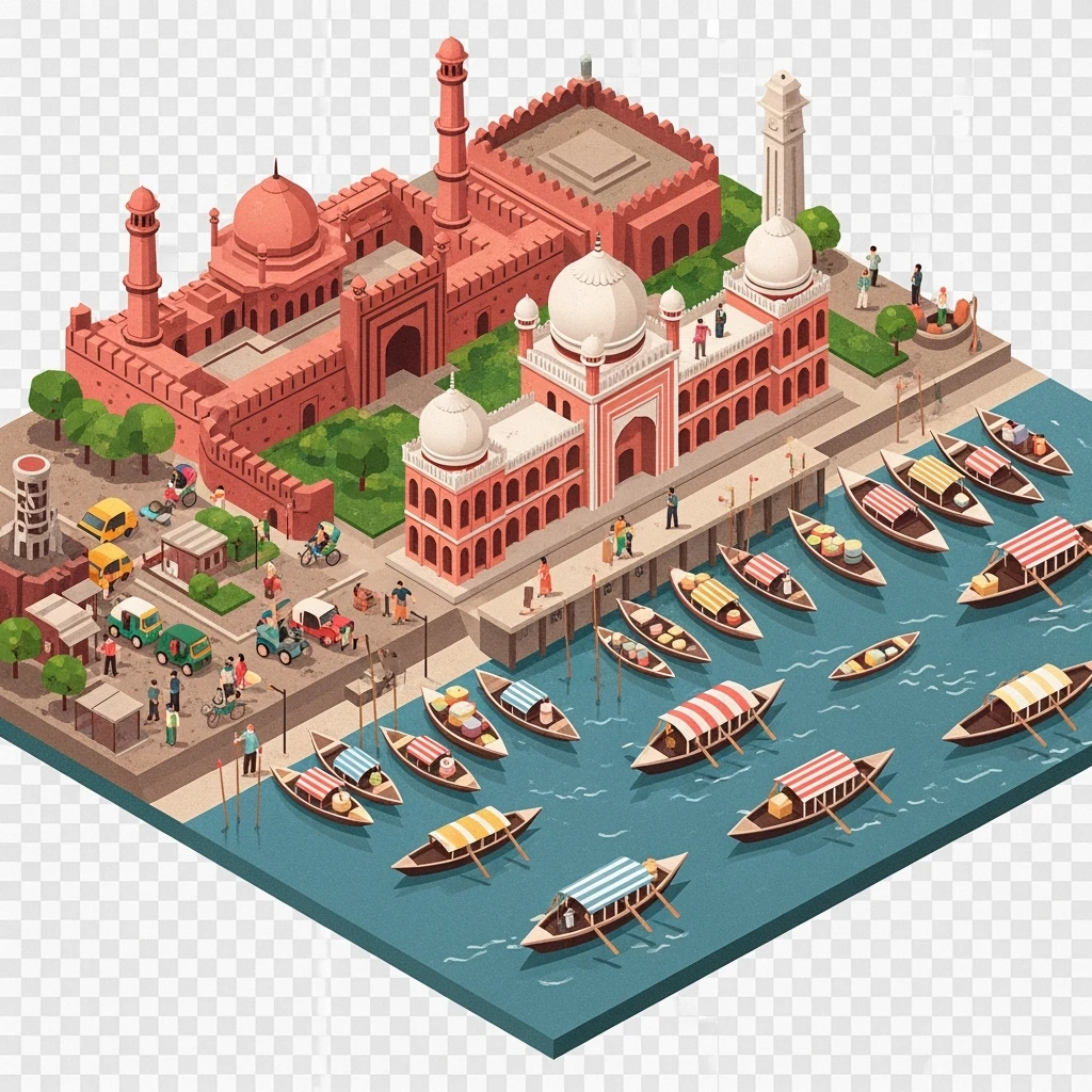 Isometric minimalistic illustration of Dhaka – Lalbagh Fort, Ahsan Manzil, bustling river boats, dirty colorful streets, subtle 3D miniature effect and Tilt Shift effect, no cartoonish look, transparent background. emoji