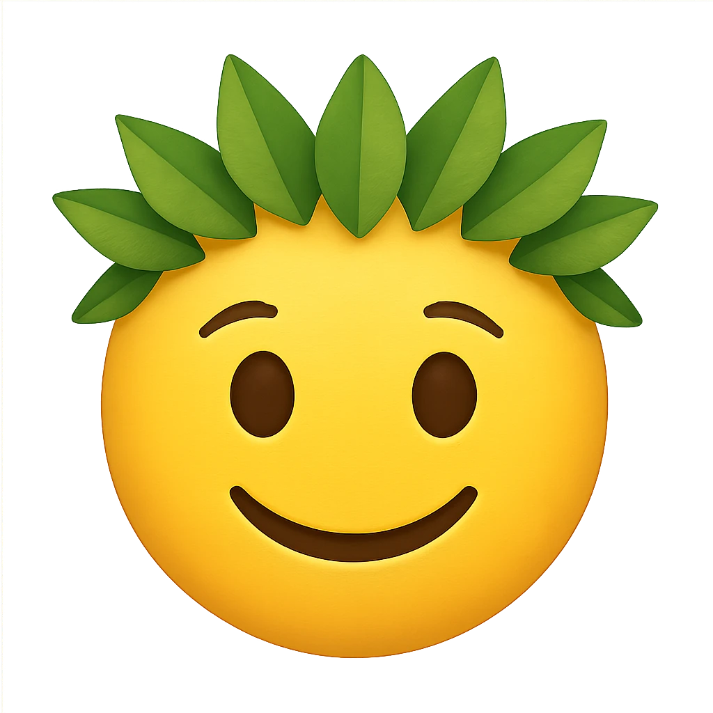 yellow face with green leaf crown, digital illustration, emoji style, no background emoji