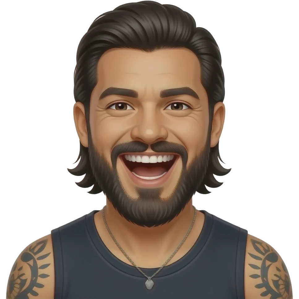 Kawaii style Handsome Latino, man with slicked back medium length hair and tattoos with a long beard, laughing super hard emoji