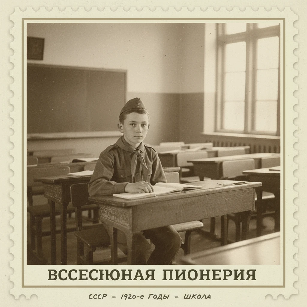 Марка на которой изображен пионер за партой в школе. СССР 1920-е годы.

Стиль марки такой же, как на прикрепленном фото emoji