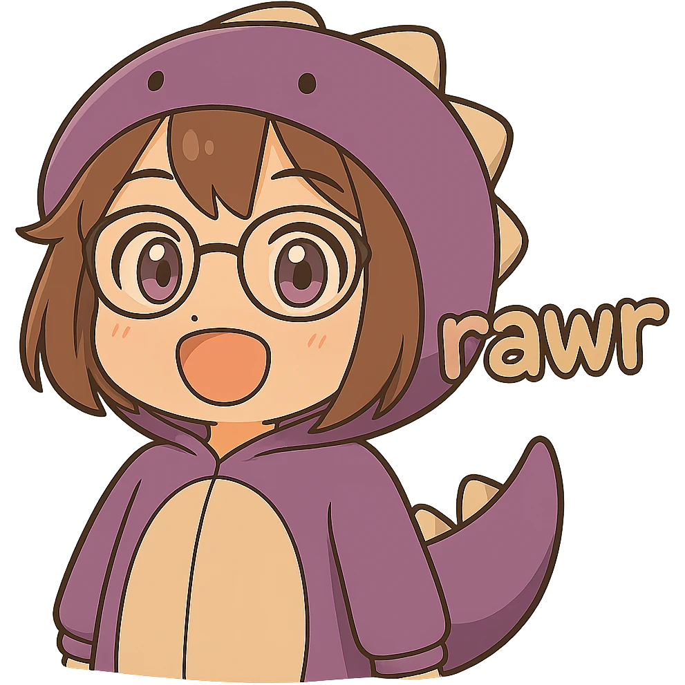 Chibi anime style girl with glasses, brown hair, dark purple eyes, wearing a purple dinosaur costume, saying 'rawr' in a cute playful way, arms down, no background. Same style as the reference image. emoji