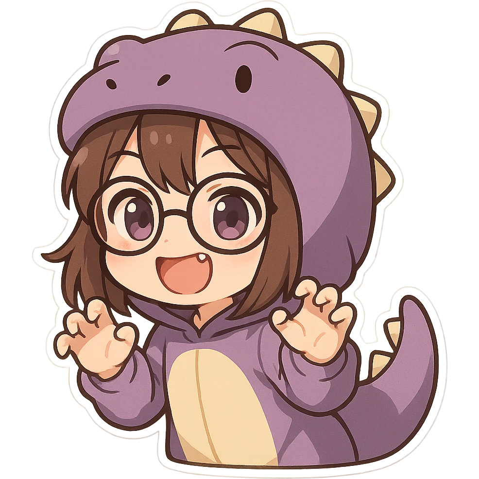 Chibi anime style girl with glasses, brown hair, dark purple eyes, wearing a purple dinosaur costume, happy expression, clawing the air with her hands, showing her teeth, no controller, no background. emoji