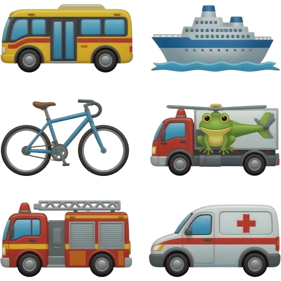 List of 11 vehicles: car, bus, train, ship, airplane, bicycle, helicopter, truck, fire engine, ambulance, and frog (not a vehicle) emoji