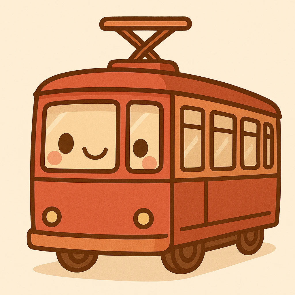Create a red train tram in the same cute cartoon style as the reference image, featuring a smiling face and using a similar color palette. No text included. emoji