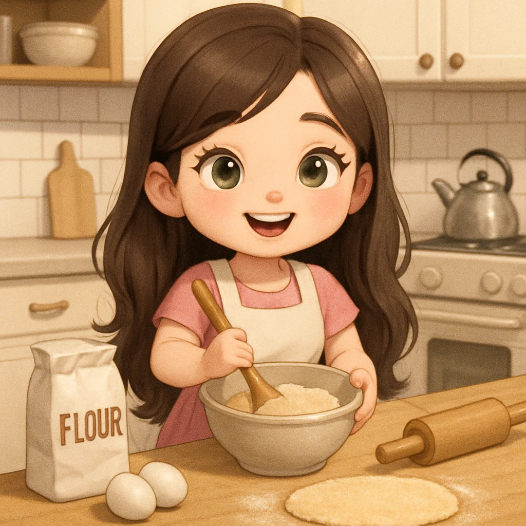 cute pretty brunette girl with short legs, long hair, light eyes, happily baking in the kitchen emoji