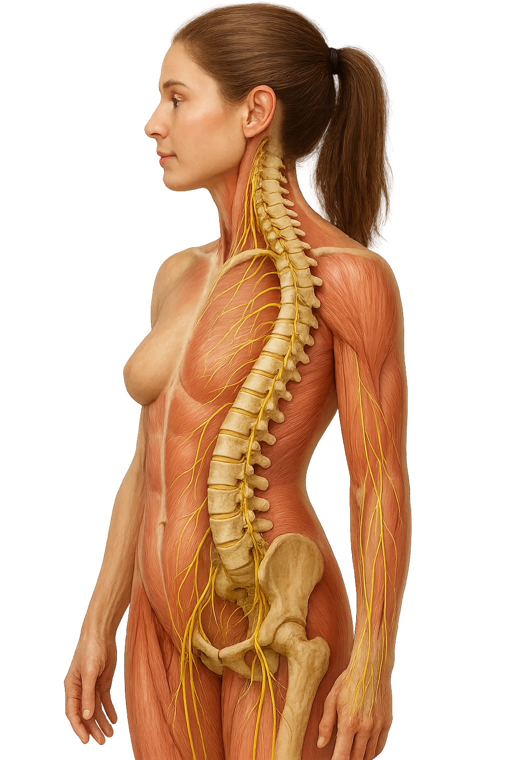 fai un immagine identica che riguarda un esercizio ma mettigli spina dorsale e muscoli in evidenza (anatomica) con colori naturali di un corpo umano (non blu), il nervo giallo si deve vedere molto bene. falla iperrealistica anatomica in 4k con spina dorsale storta in evidenza emoji