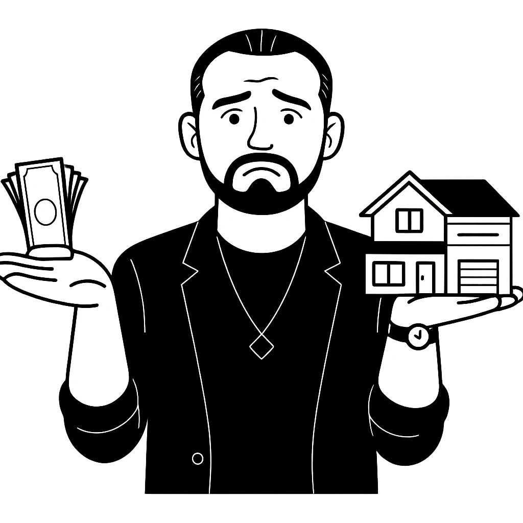 Используя такую стилистику и точно такого же героя, сгенерируй картинку. Герой грустно и вопросительно смотрит на зрителя в на одной ладони у него лежит пачка купюр, на другой стоит загородный дом, прозрачный фон emoji