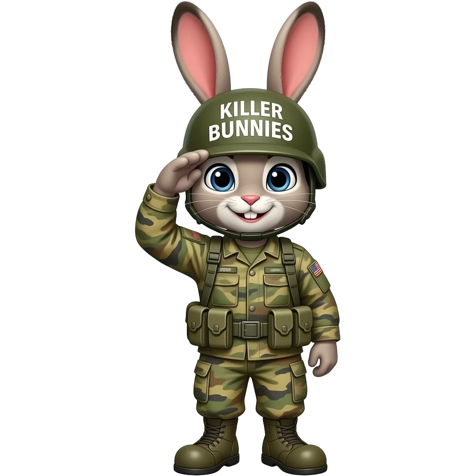 bunny in army fatigues saluting  text Killer Bunnies on helmet emoji