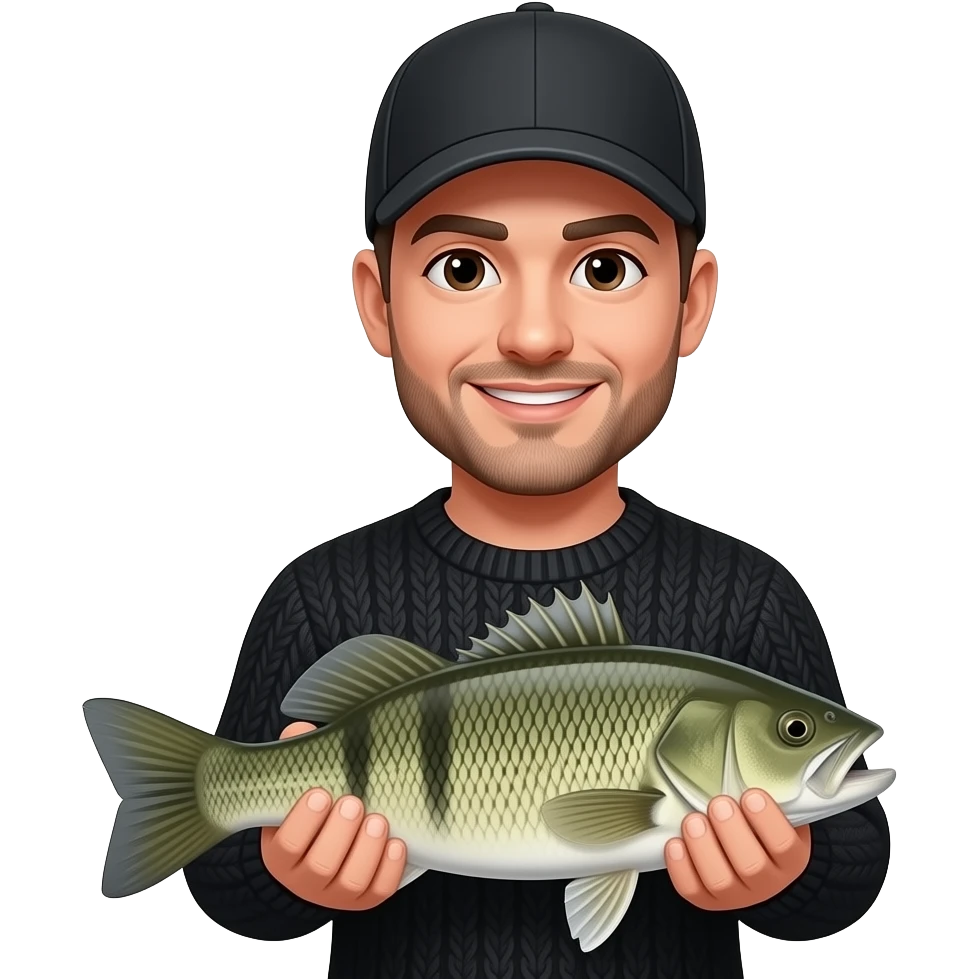 an adult with a black sweater and black baseball hat holding a bass fish emoji