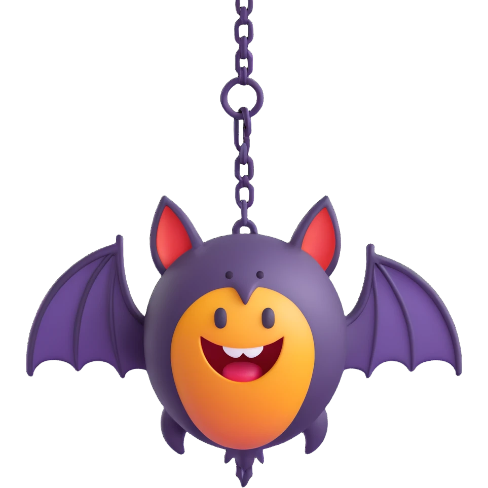 3D emoji style bat, hanging upside down, playful look emoji