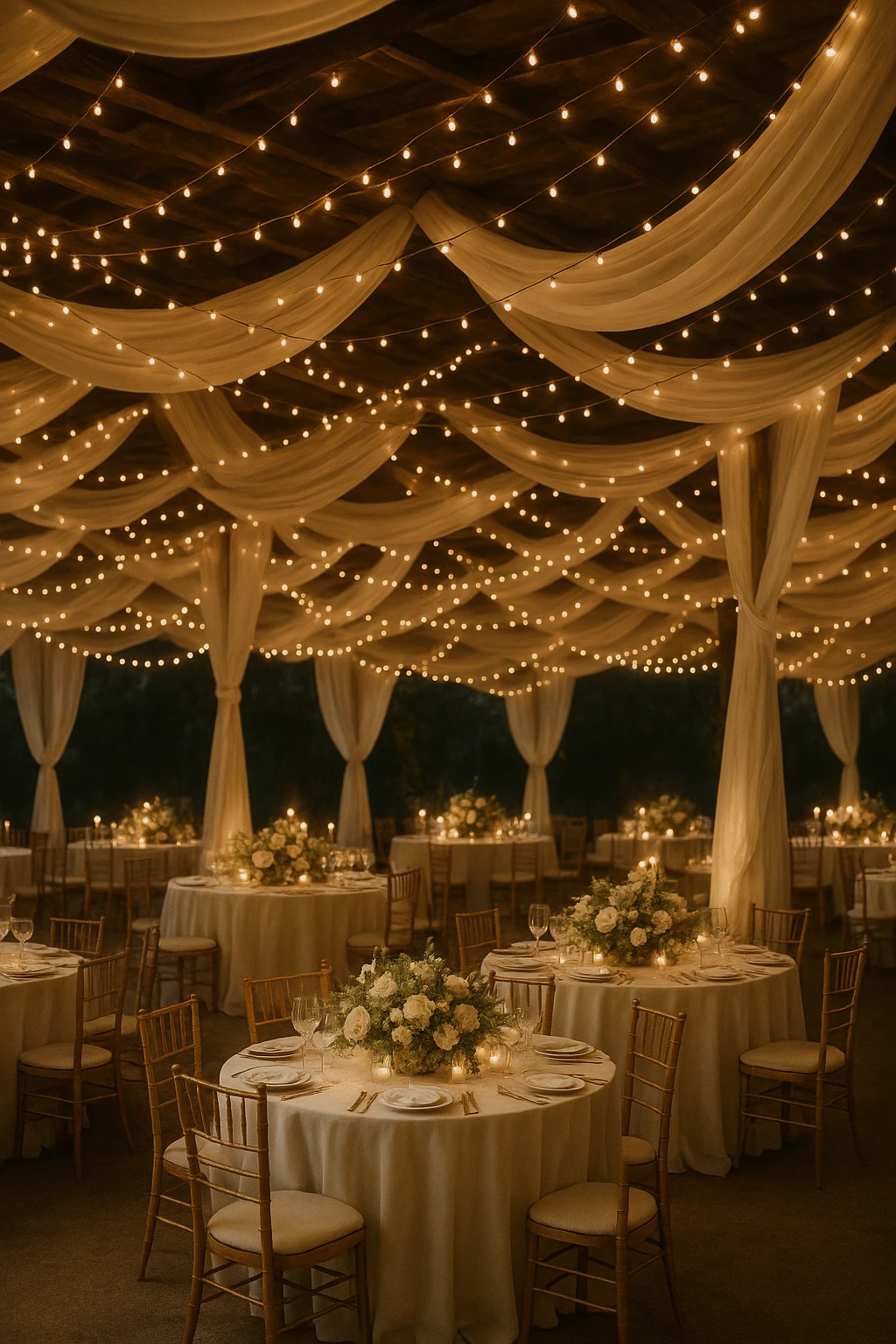 hanging string lights and draped fabric, dreamy wedding reception decor emoji
