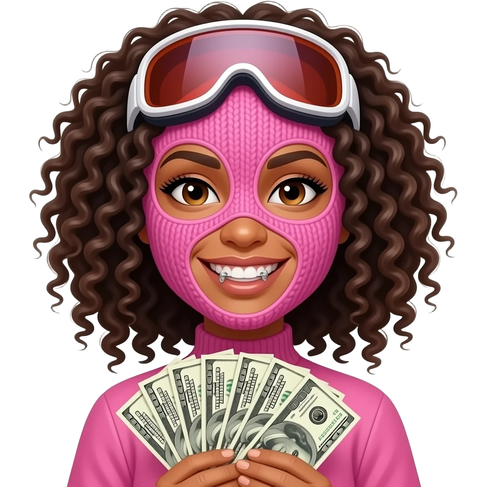 Smiley face tan woman with grillz. Curly hair lashes, wearing a pink ski mask. holding a stack of money emoji