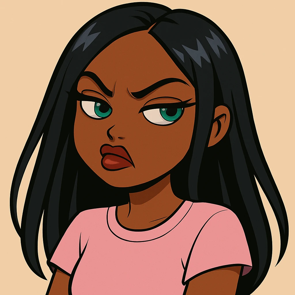 Change the expression to angry with a snooty attitude, keep the side-eye pose, headshot only, 20-year-old anime Bratz style woman with dark skin, straight hair, more casual outfit, big expressive eyes, glossy lips, no hat, no tears, nose turned up. emoji