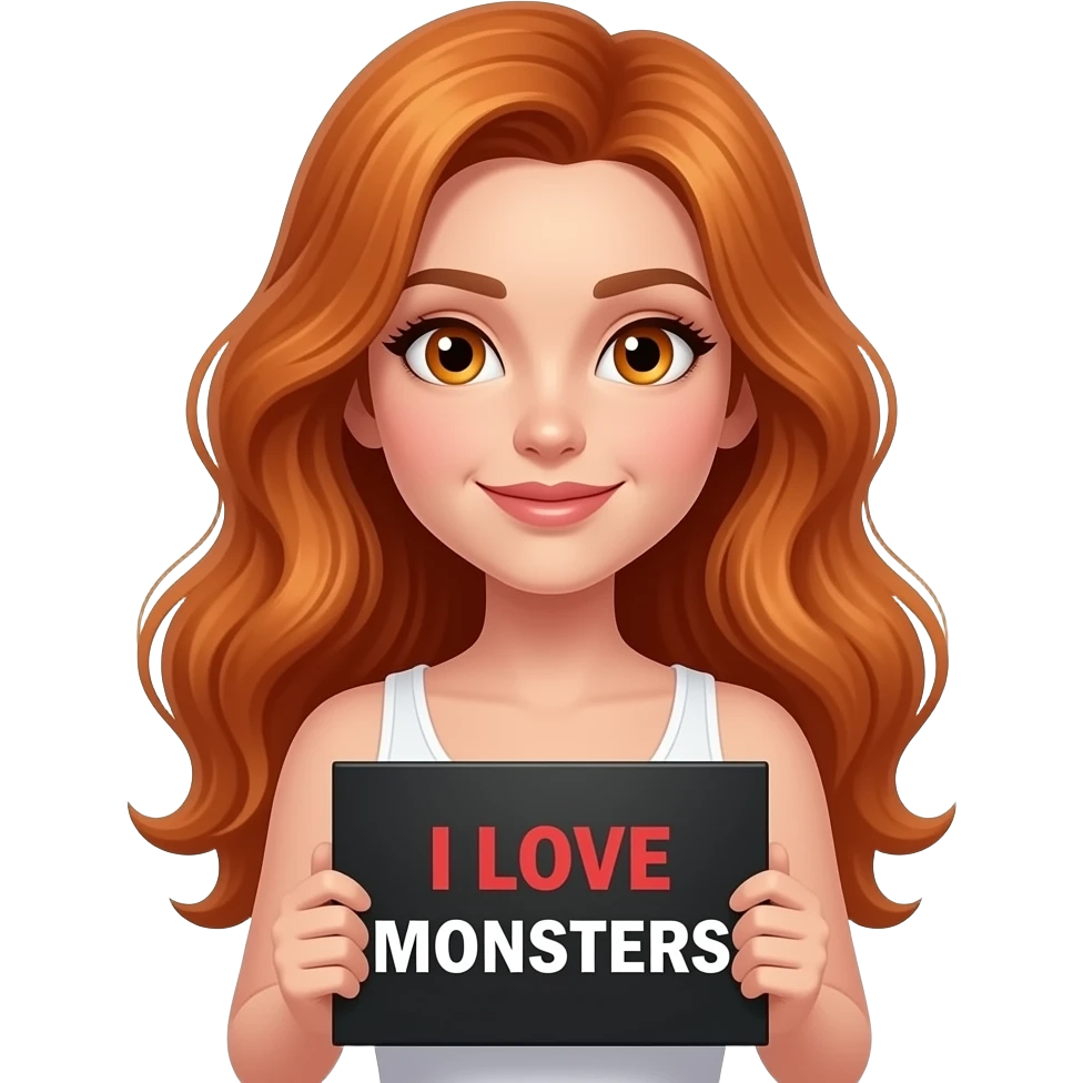 sexy girl with long wavy ginger hair and ginger eyes wearing a white tanktop is holding a black colored sign with I LOVE MONSTERS written on it emoji