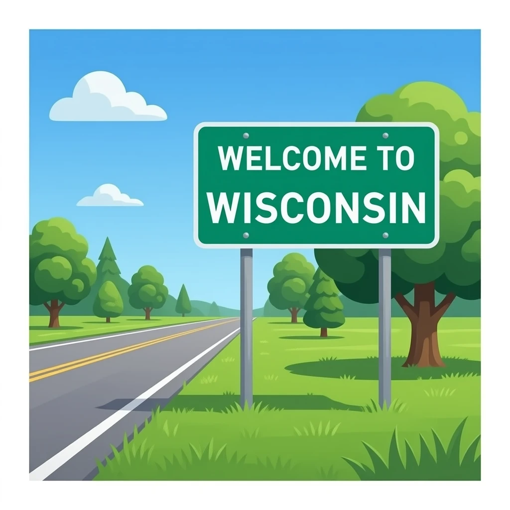 make a sign that says “welcome to Wisconsin” in all capitals just like the real one on a road with bright green grass and trees. put it on the right side of the grass emoji