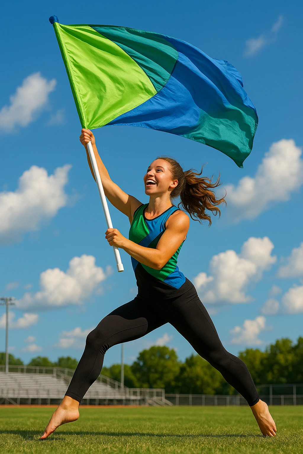 colorguard girl waving a green and blue flag, wearing black leggings and a green and blue top, lively and athletic emoji
