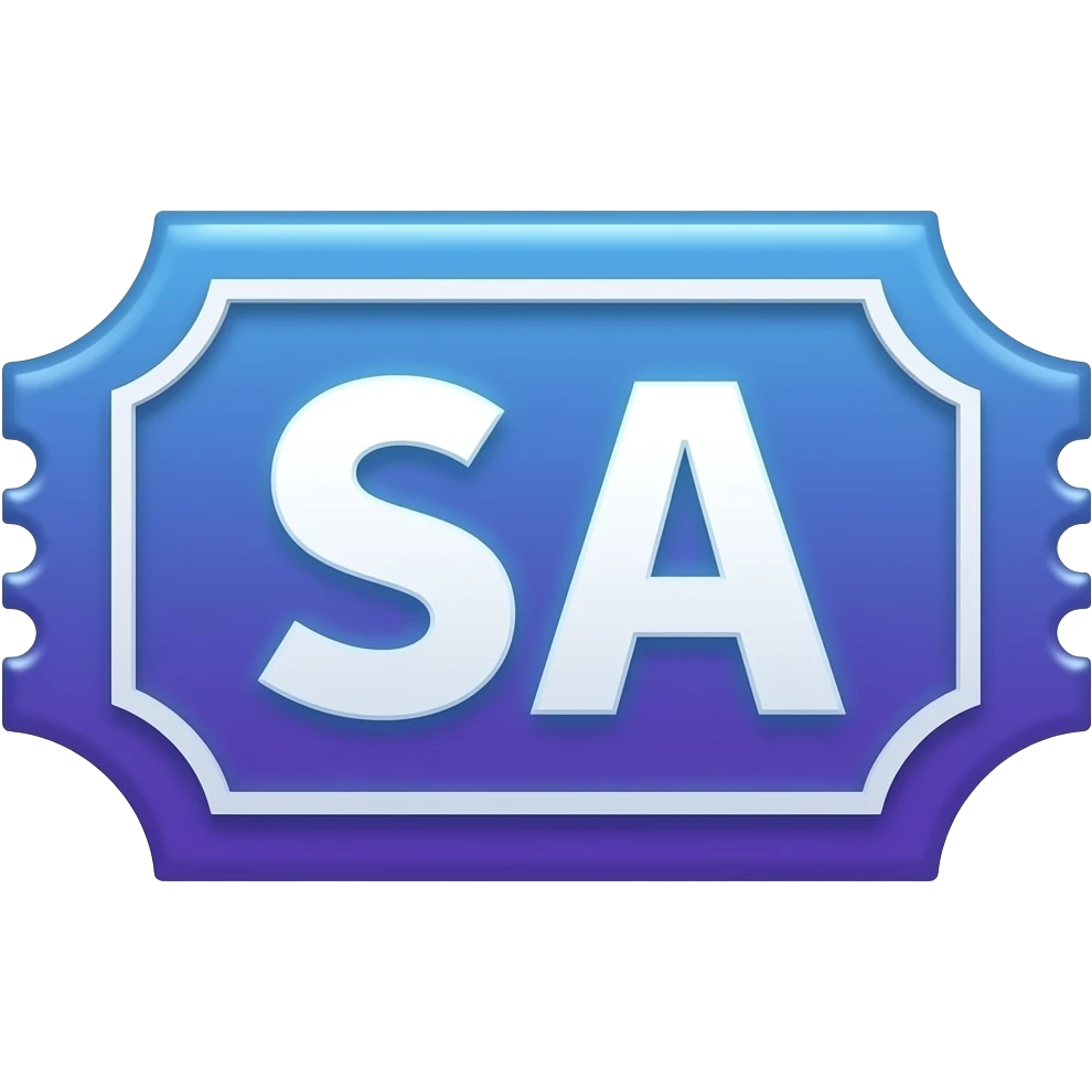 Neon blue and purple ticket with SA letters emoji