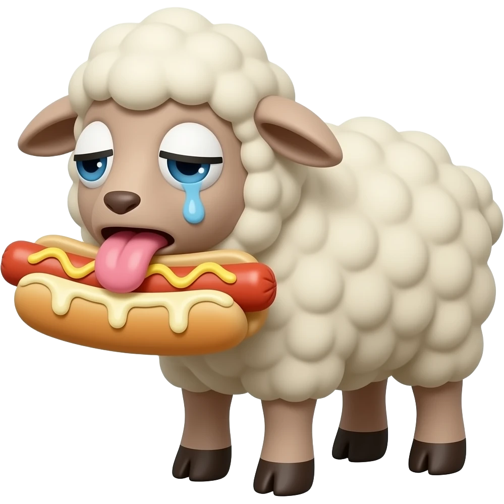 Sweating tired sheep plush sucking a hotdog with tongue out covered in lots of sticky mayo emoji