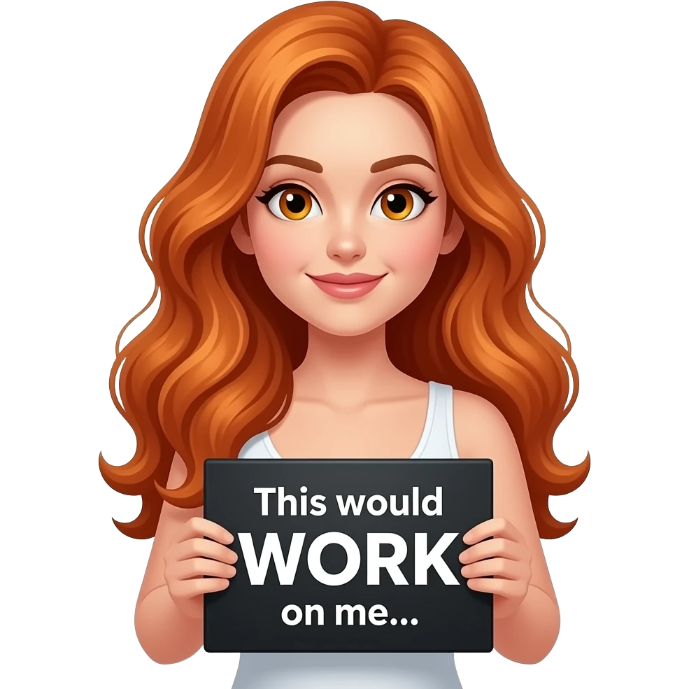 sexy girl with long wavy ginger hair and ginger eyes wearing a white tanktop is holding a black colored sign with This would WORK on me... written on it emoji