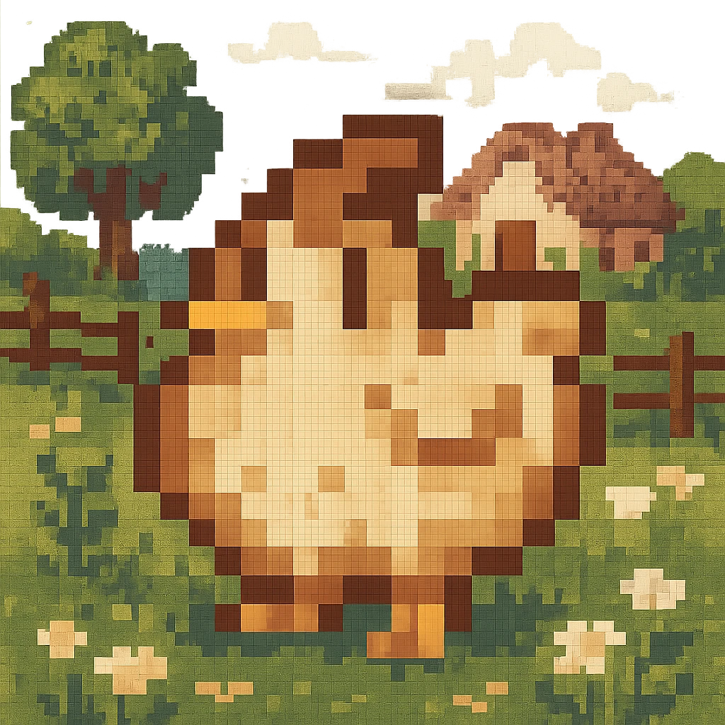 Using a transparent background, re-imagine this pixelated chicken in a cottage core setting emoji