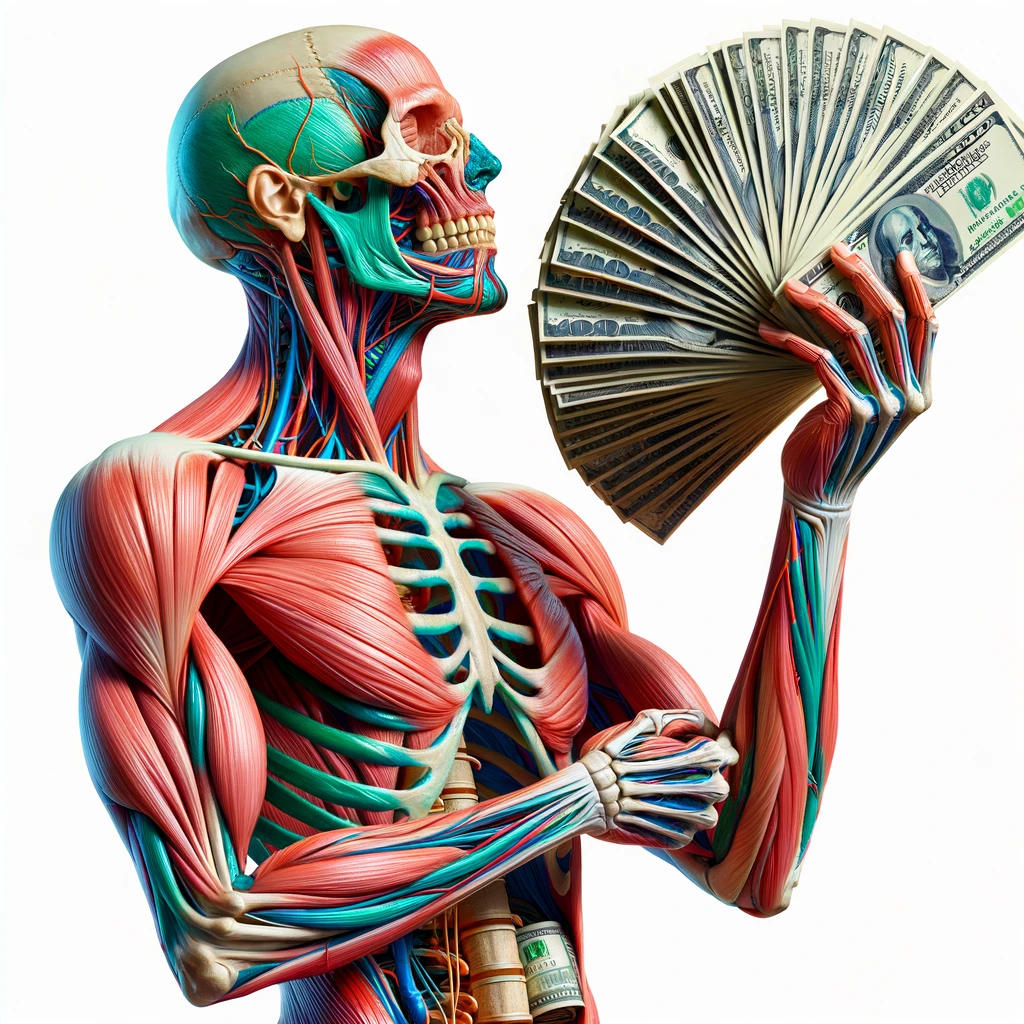 corpo umano anatomico che guadagna soldi senza sforzo, iperrealistica 4k, isolato su sfondo bianco emoji