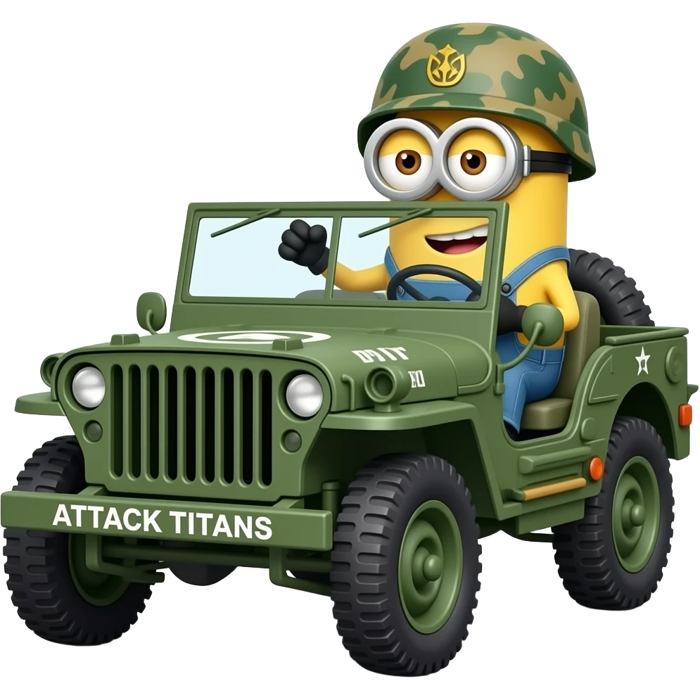 Minion in army uniform driving army jeep with Attack Titans  text on bumper emoji