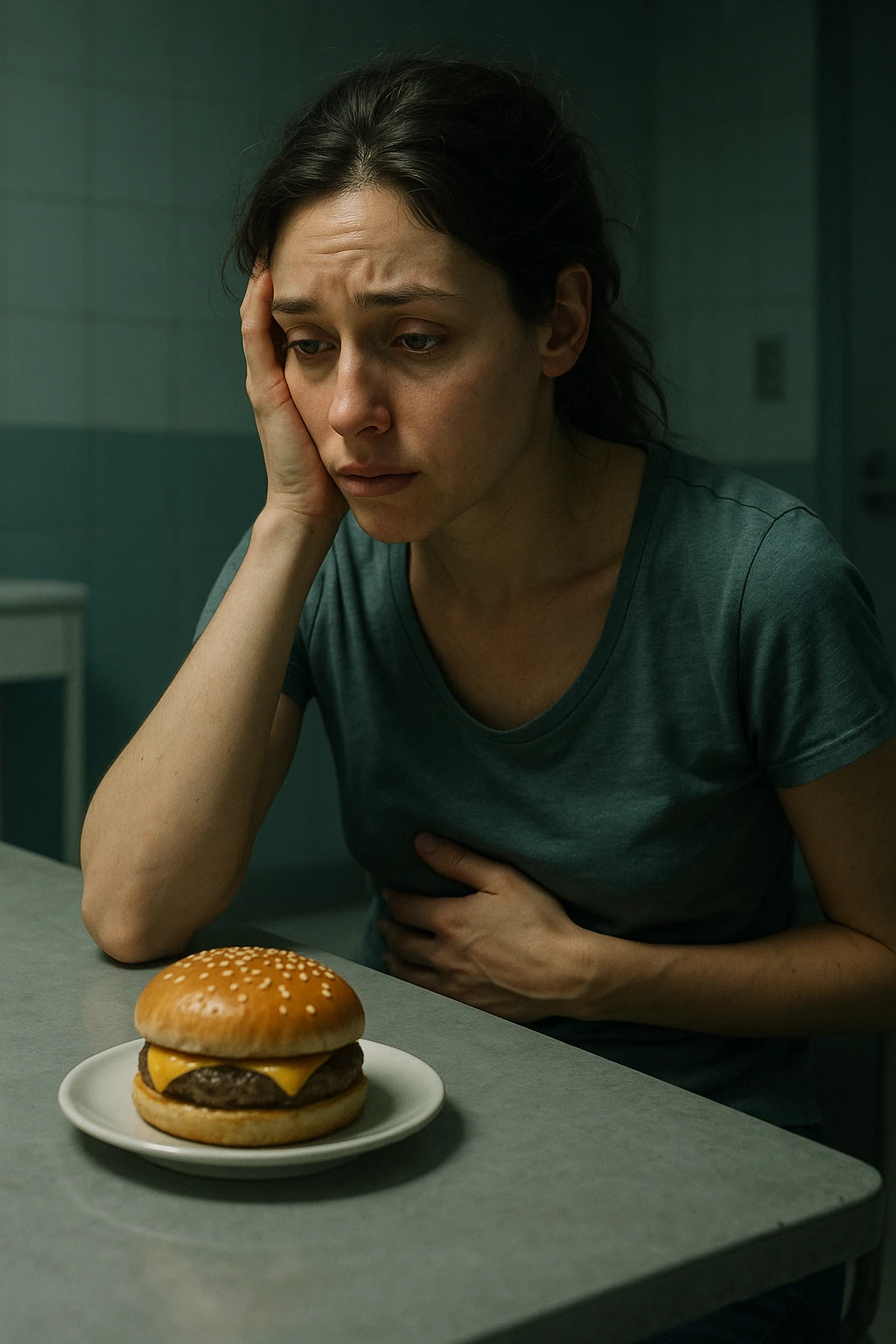 realistic and cinematic illustration of a woman experiencing nervous hunger during menstrual cycle, longing expression, posture suggesting craving for food, clinical atmosphere, dramatic lighting, realistic details, no text, vertical 2:3 format emoji