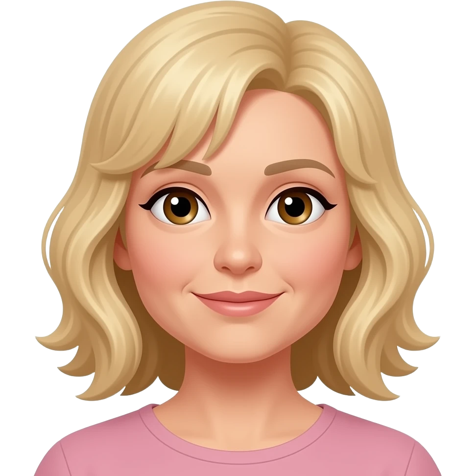 Middle age Lady, round face, wavy long mid length golden blond hair with bangs, big brown eyes ,medium built emoji