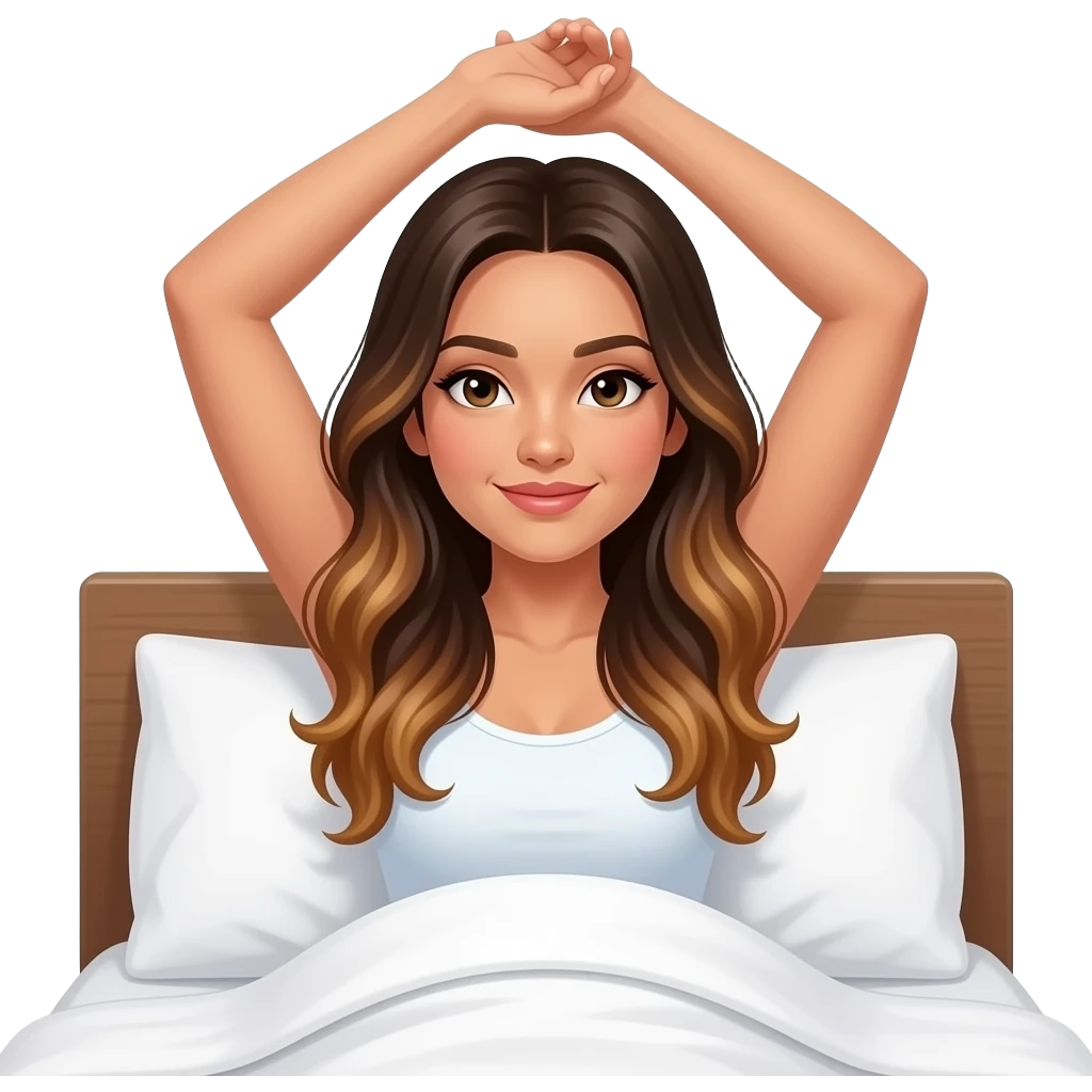 Beautiful Filipino woman beautiful eyes with long wavy hair balayage stretching arms up morning in bed emoji