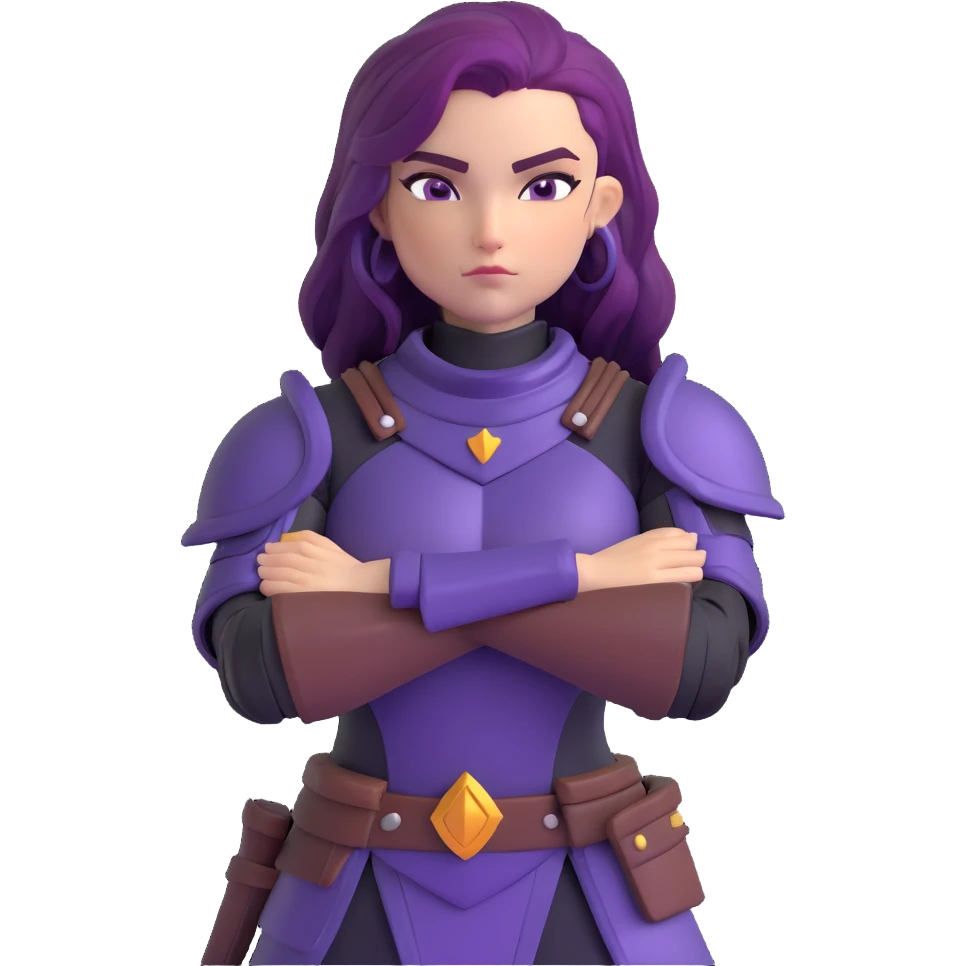 mysterious warrior girl with flowing purple hair, dressed in black armor, arms crossed confidently emoji