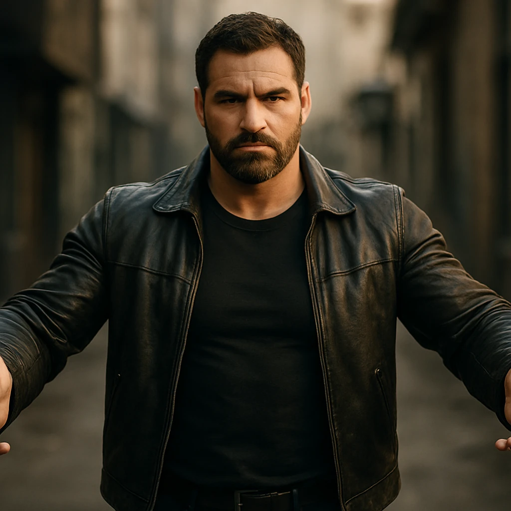 cinematic 4K scene of a man with strong masculine and protective energy, confident posture, open arms, intense but calm face, hyper realistic emoji